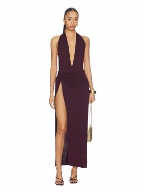 Flook The Label Baya Plunging Halter Evening Maxi Gown Thigh High Slit in Wine